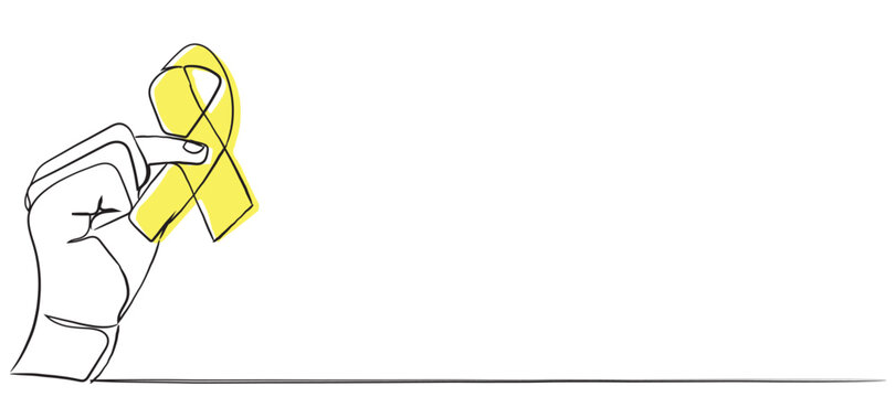 Hands holding yellow gold ribbon over blue sky, Sarcoma Awareness, Bone cancer, childhood cancer awareness, September yellow, World Suicide Prevention Day, endometriosis day concept line art
