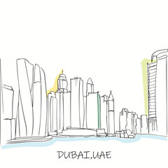 Line art of Dubai City Center United Arab Emirates.Line art vector of skyline of Duai. Explore dubai. Isolated design for printing.