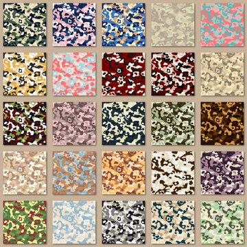 set of army camouflage seamless patterns with 25 color themes. uses for fabric, background, wallpaper, clothing print, decorative purposes, fabrication, textile design such as flannel, etc, and others