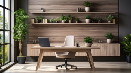 Office with wood walls and wooden desks.