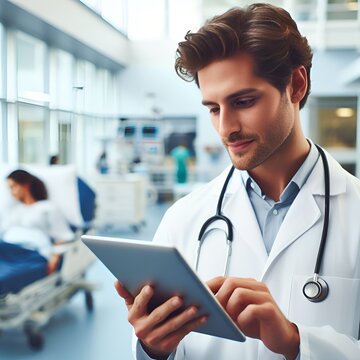 Doctor in white coat with tablet computer in hospital
