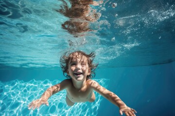 Photo of a happy laughing child swimming in a swimming pool. Summer holidays.