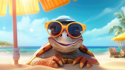 Fototapeta na wymiar Funny turtle chilling on the beach summer vacation