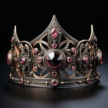 Queen's crown studded with jewels and diamonds isolated on dark background. 3D rendered image.