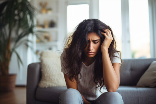 Stressed woman at home sitting on the floor of a bright living room with her head in her hands, One tired and anxious young hispanic female inside her home, Headache and worry from being overworked