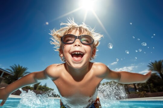 Photo of a happy laughing child swimming in a swimming pool. Summer holidays.