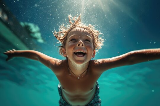Photo of a happy laughing child swimming in the pool.