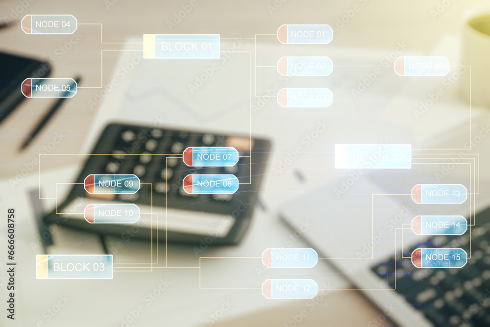 Poster double exposure of abstract programming language interface on blurry calculator with laptop backgrou