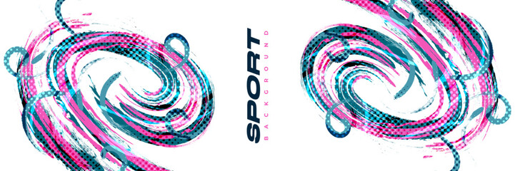 Abstract and Colorful Brush Background with Halftone Effect. Grunge Background. Brush Stroke Illustration for Banner, Poster, or Sports Background. Scratch and Texture Elements For Design