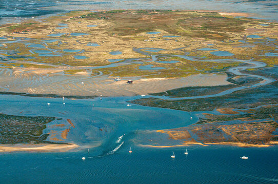 vue a&eacute;rienne de l'&icirc;le aux oiseaux et des cabanes tchank&eacute;s dans le Bassin d'Arcachon en France