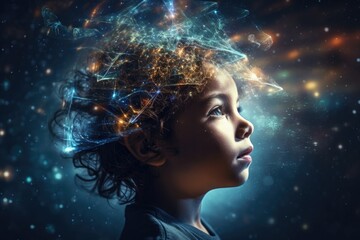 Fototapeta premium The image of a child is mixed with the image of space and the universe. Child's dreams of space, conquering the universe