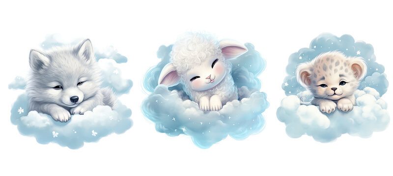 Pastel blue watercolor cute baby animals sleeping on cloud. 