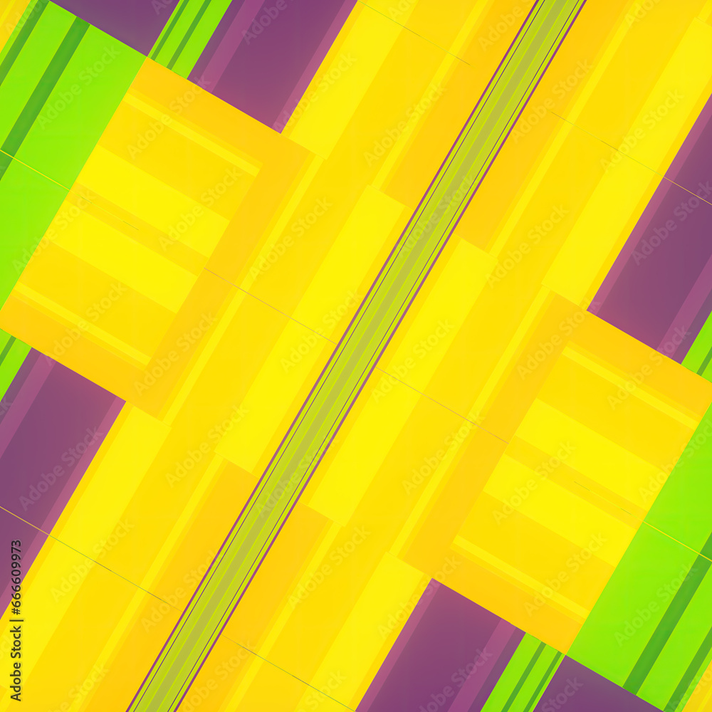 Poster symmetrical pattern of green, yellow and purple squares. 3d rendering digital illustration