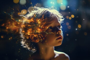 The image of a child is mixed with the image of space and the universe. Child's dreams of space, conquering the universe