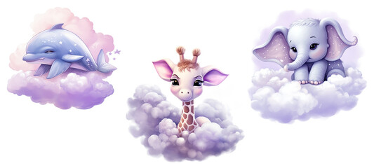 Purple watercolor cute baby animals sleeping on cloud. dolphin, giraffe, elephant, 