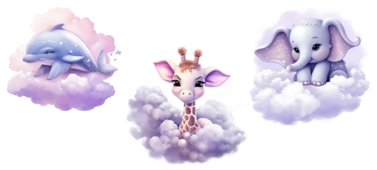 Tuinposter Purple watercolor cute baby animals sleeping on cloud. dolphin, giraffe, elephant,  © Aspect_Studio