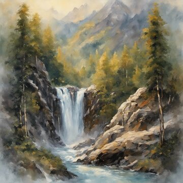 beautiful mountain landscape with waterfall painting, impressionism, contemporary art, detailed
