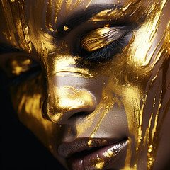 Fotografia de primer plano de rostro femenino con salpicaduras de oro liquido - obrazy, fototapety, plakaty