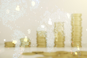 Double exposure of social network icons interface and world map on growing coins stacks background. Networking concept
