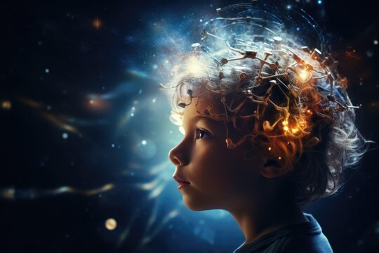 Naklejki The image of a child is mixed with the image of space and the universe. Child's dreams of space, conquering the universe