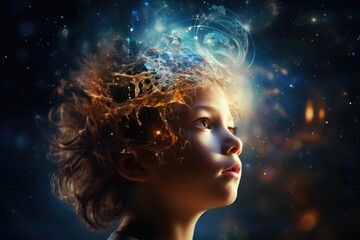 The image of a child is mixed with the image of space and the universe. Child's dreams about space