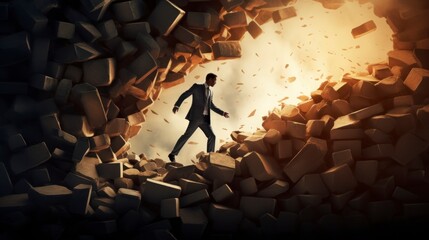 Illustration of a businessman in a suit overcoming all obstacles and making his way - obrazy, fototapety, plakaty