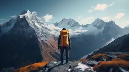 Hiker with backpack reaching mountain peak - obrazy, fototapety, plakaty