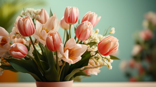 Closeup of tulip bouquet on pastel green background