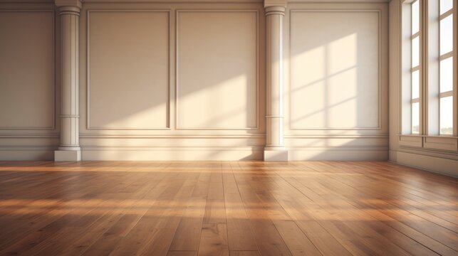 Empty modern room with wooden floor pastel wall and columns and a large window