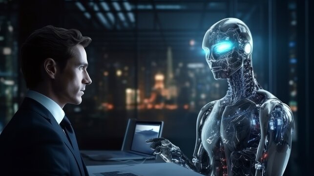 Businessman chatting with artificial intelligence robot