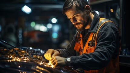 Fototapeta na wymiar Car mechanic at work in a workshop fixing a car