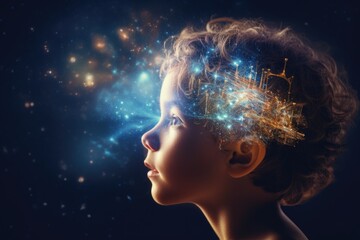 The image of a child is mixed with the image of space and the universe. Child's dreams about space - obrazy, fototapety, plakaty