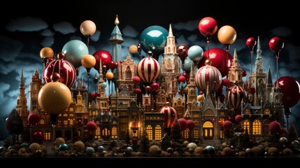 Abstract 3D illustration of a beautiful city with a festival of hot air balloons everywhere