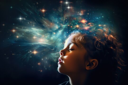 Naklejki The image of a child is mixed with the image of space and the universe. Child's dreams about space