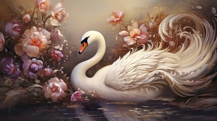  3d wallpaper with swan and abstract flower wall art