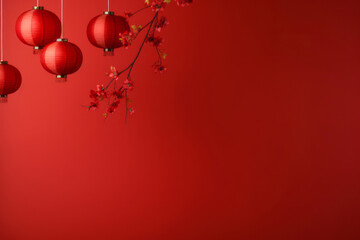 Red minimalistic background with Chinese lanterns. Chinese New Year celebration.