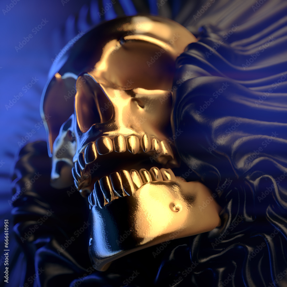 Poster fantasy digital illustration of a golden human skull emerging from folds of dark shiny fabric. 3d re
