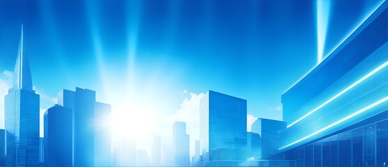 Blue colored business concept with buildings and rays of light background from Generative AI