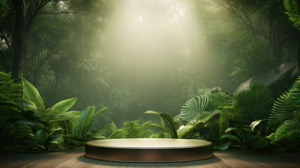 Tropical elegance: A podium in tropical forest for product presentation