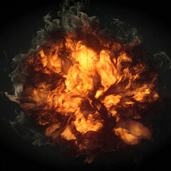 Large explosion of fire with bright orange-yellow color palette and swirls of dark smoke. 3d rendering illustration