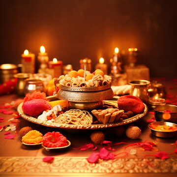 Decorated Pooja thali background - ai generative