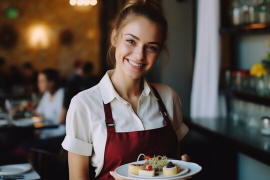 Smiling woman waiter with two plates of cheesecake in restaurant, Waitress brings dessert dishes to the table of guests