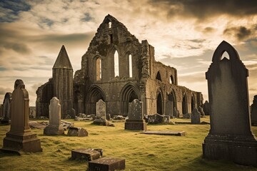 Ancient cathedral ruins amidst tombstones on Cashel Rock, Ireland. Generative AI - obrazy, fototapety, plakaty