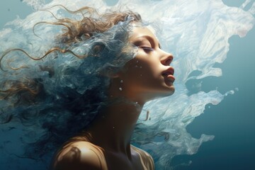 The abstract image of a woman is mixed with the image of the ocean. Unity with nature, peace and tranquility. Double exposure