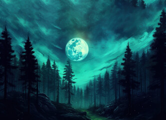  night forest with full moon
