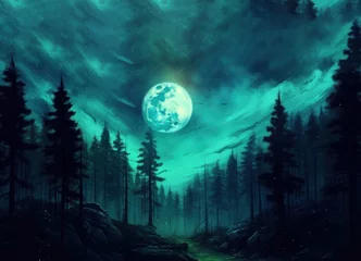Papier Peint photo Lavable Pleine lune  night forest with full moon