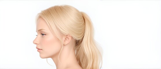 Side view portrait of a blonde woman on plain white background from Generative AI