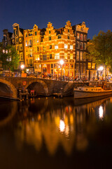 Dutch Houses on Amsterdam Canal at Night