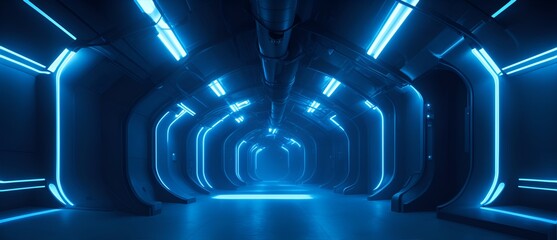 Futuristic dark tunnel room with glowing blue neon laser lights from Generative AI