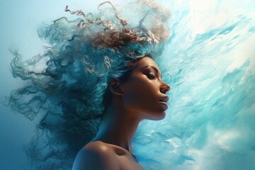 The abstract image of a woman is mixed with the image of the ocean. Unity with nature, peace and tranquility. Double exposure